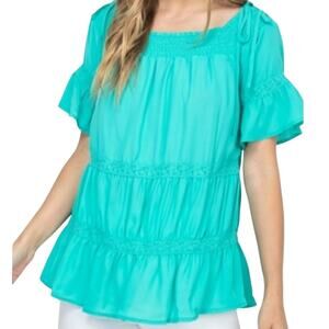 Coverstitched Teal Ruffle Top M